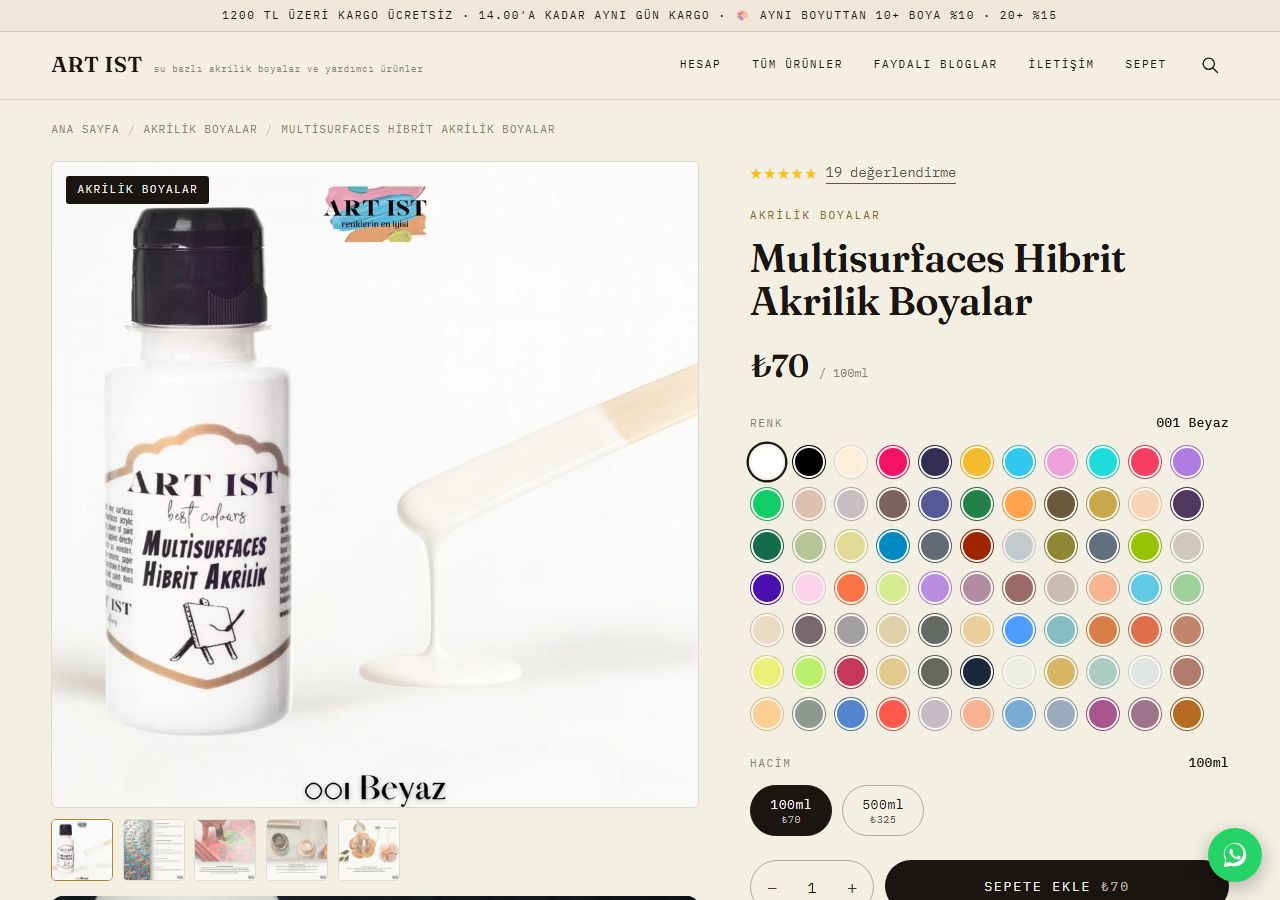 ART IST ürün sayfası: renk kutucukları, boyut seçimi ve gerçek müşteri yorumları