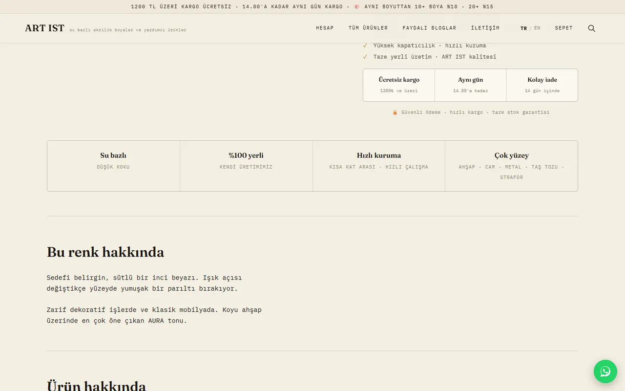 ART IST product page: information cards showing shipping, returns and the buy-more-save rule