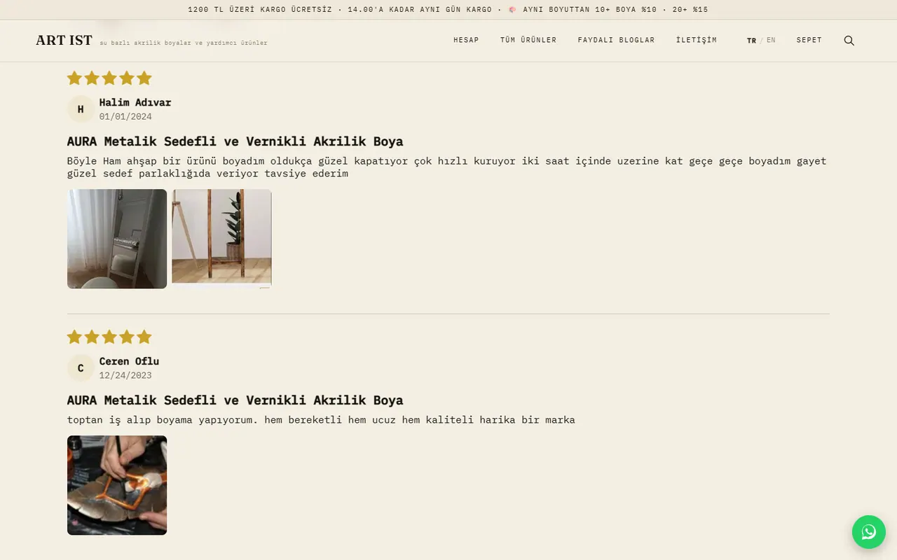ART IST product page: real customer reviews with photographs