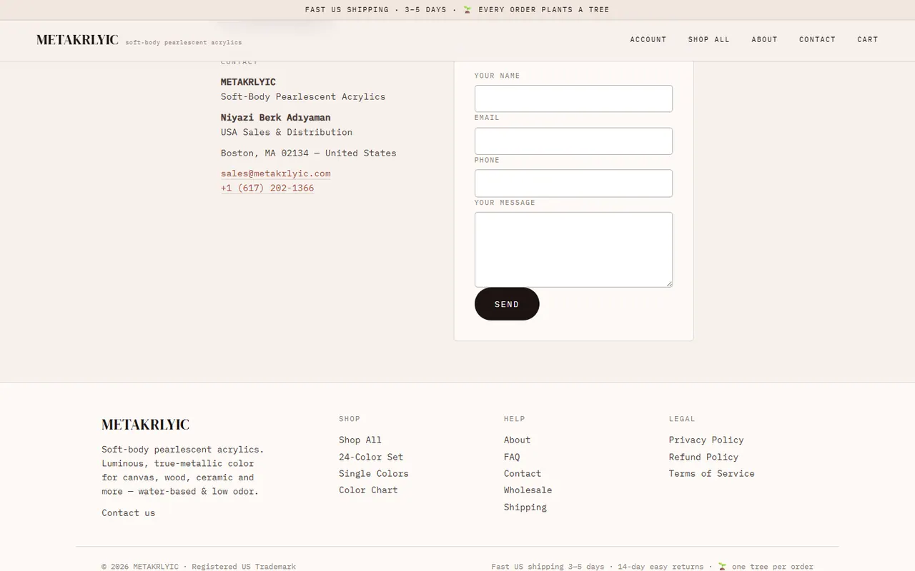 metakrlyic.com Kontaktseite: US-Adresse und E-Mail von der eigenen Domain