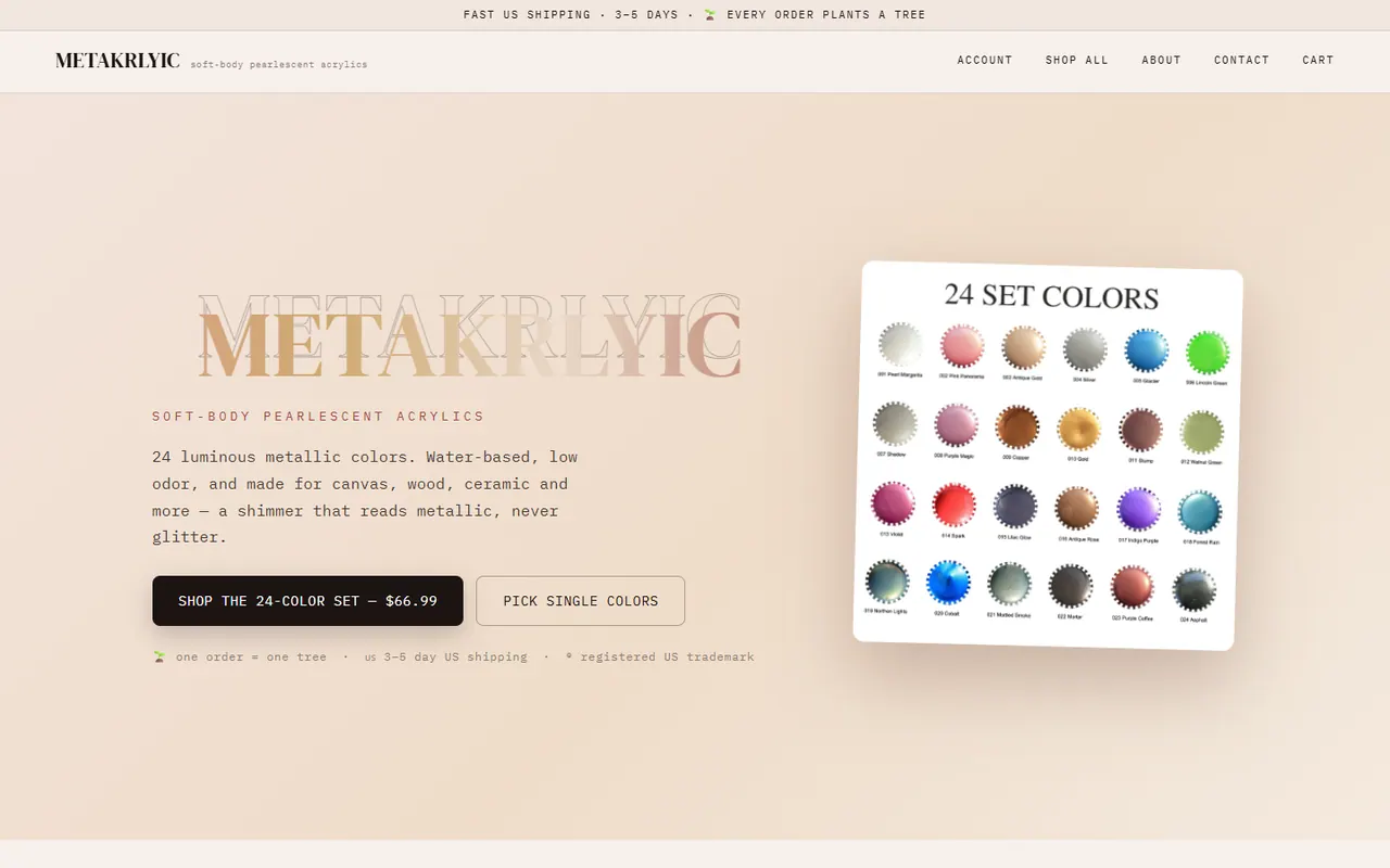 metakrlyic.com Startseite: eine eigene Markenidentität für den US-Markt